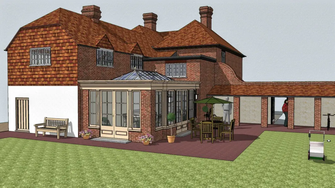 Design rendering of a house with a conservatory and garage